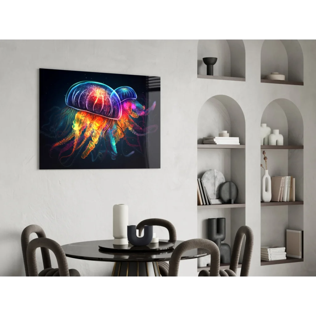 Vibrant neon jellyfish glass wall art on sleek black canvas