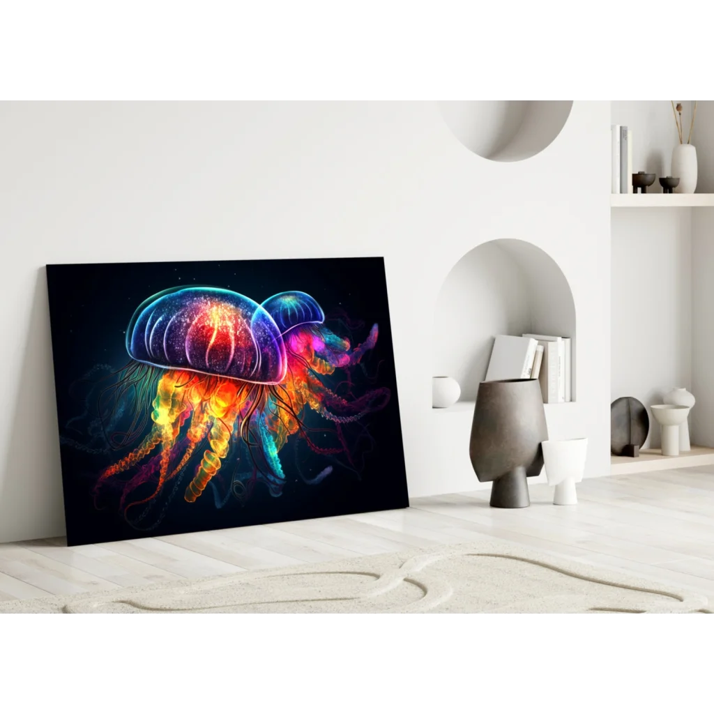 Vibrant neon jellyfish glass wall art on black canvas
