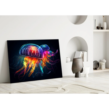 Vibrant neon jellyfish glass wall art on black canvas