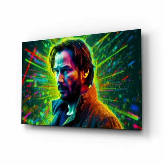 Vibrant neon Keanu Reeves glowing wall art canvas print