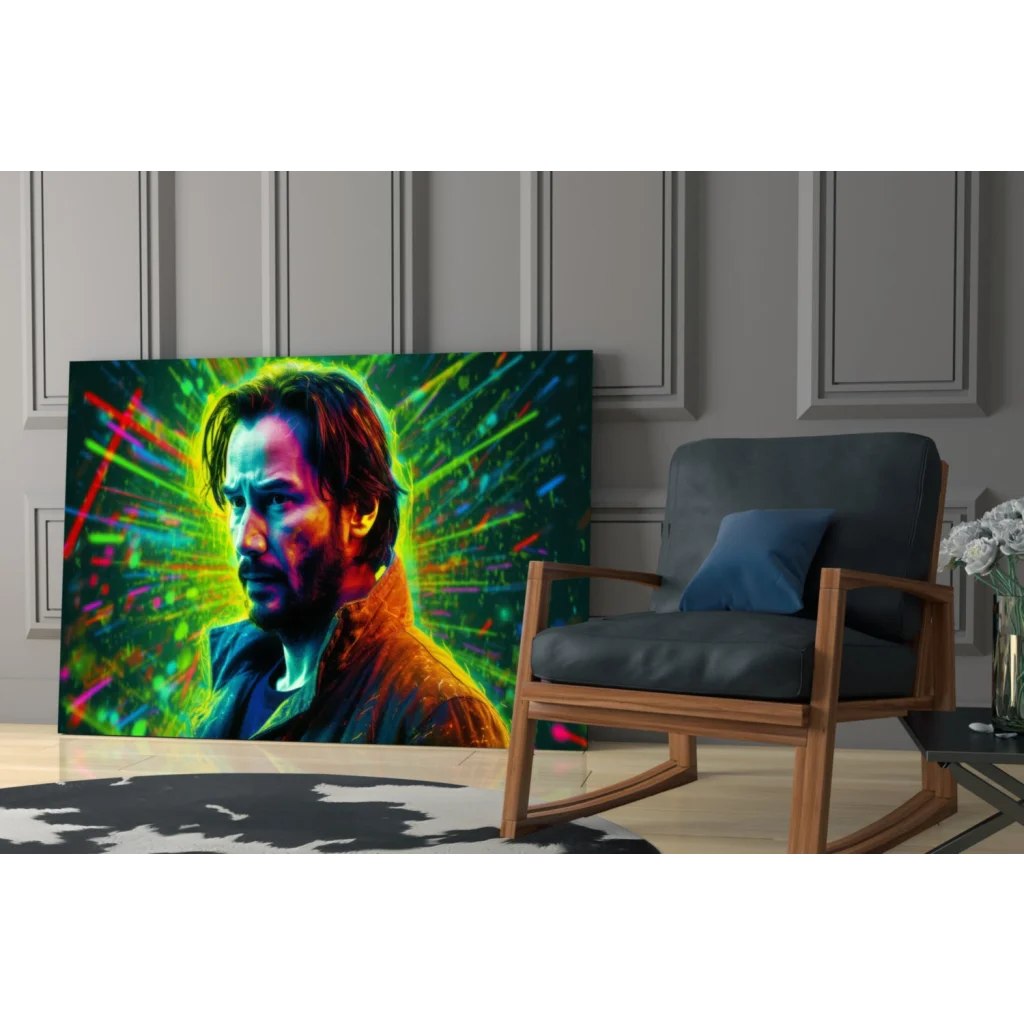 Vibrant neon Keanu Reeves glowing wall art canvas print
