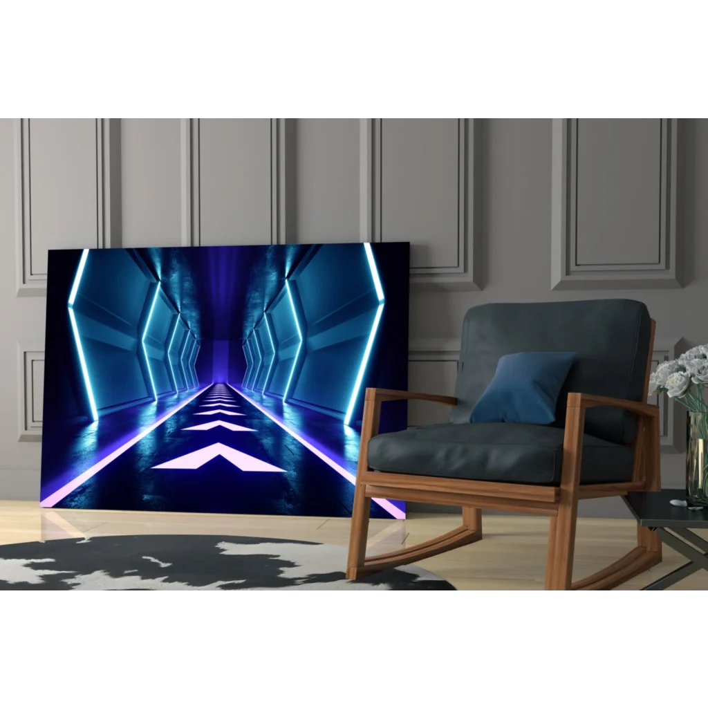 Sleek neon tunnel glass wall art with futuristic blue purple lights