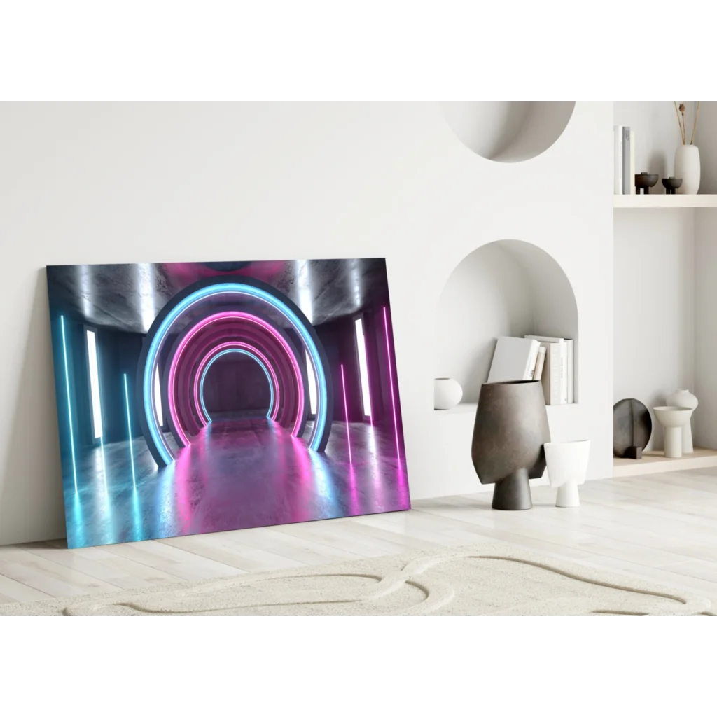 Vibrant neon tunnel glass wall art with pink and blue light rings