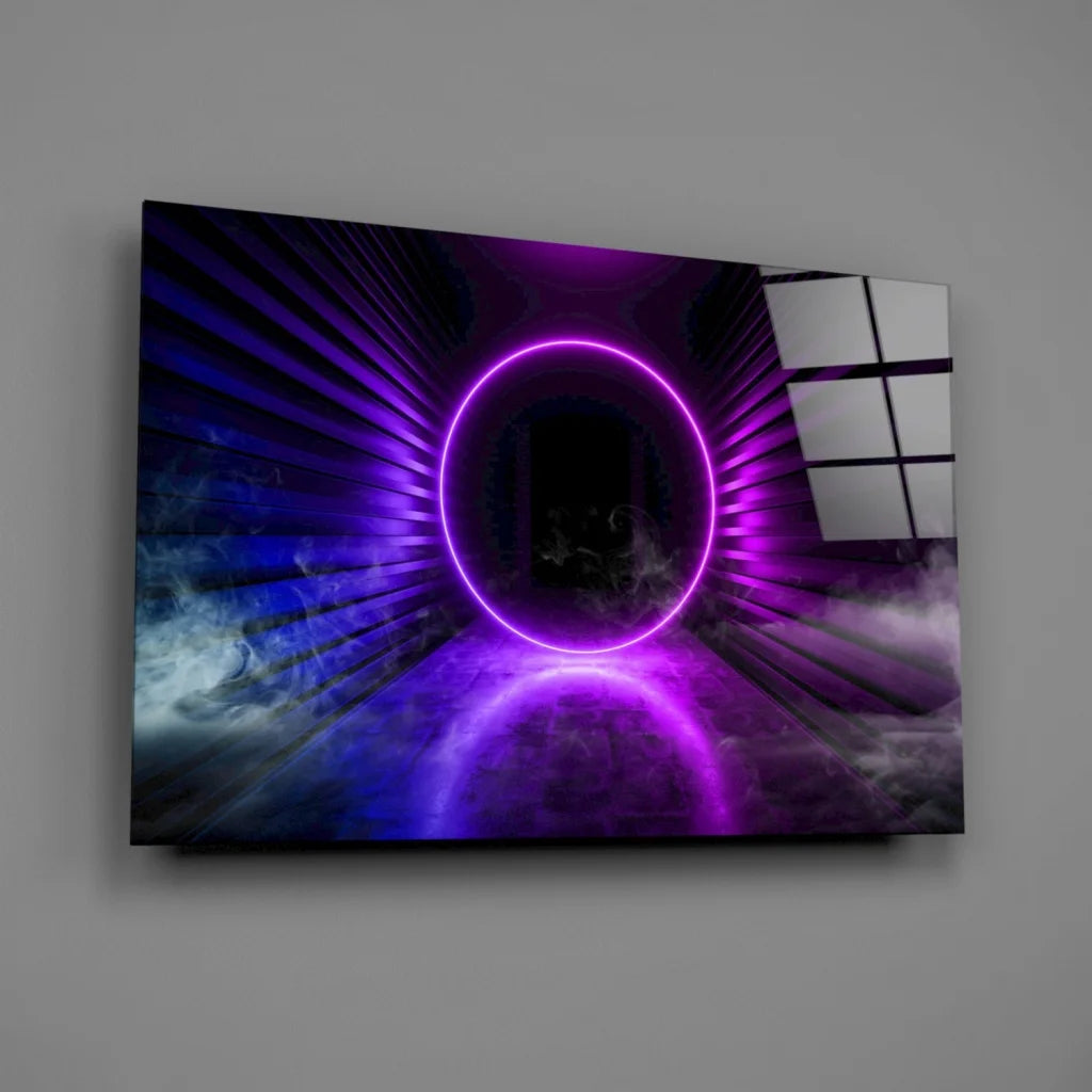 Vibrant purple neon ring glass wall art with cosmic glow on dark wall