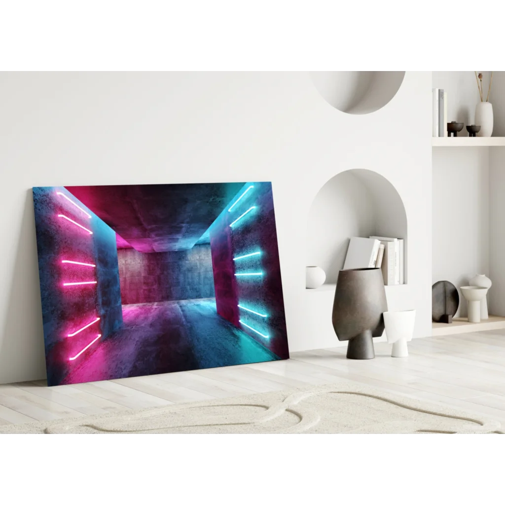 Vibrant neon tunnel glass wall art with pink cyan glow