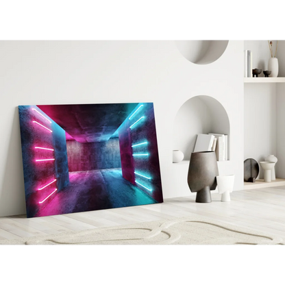 Vibrant neon tunnel glass wall art with pink cyan glow