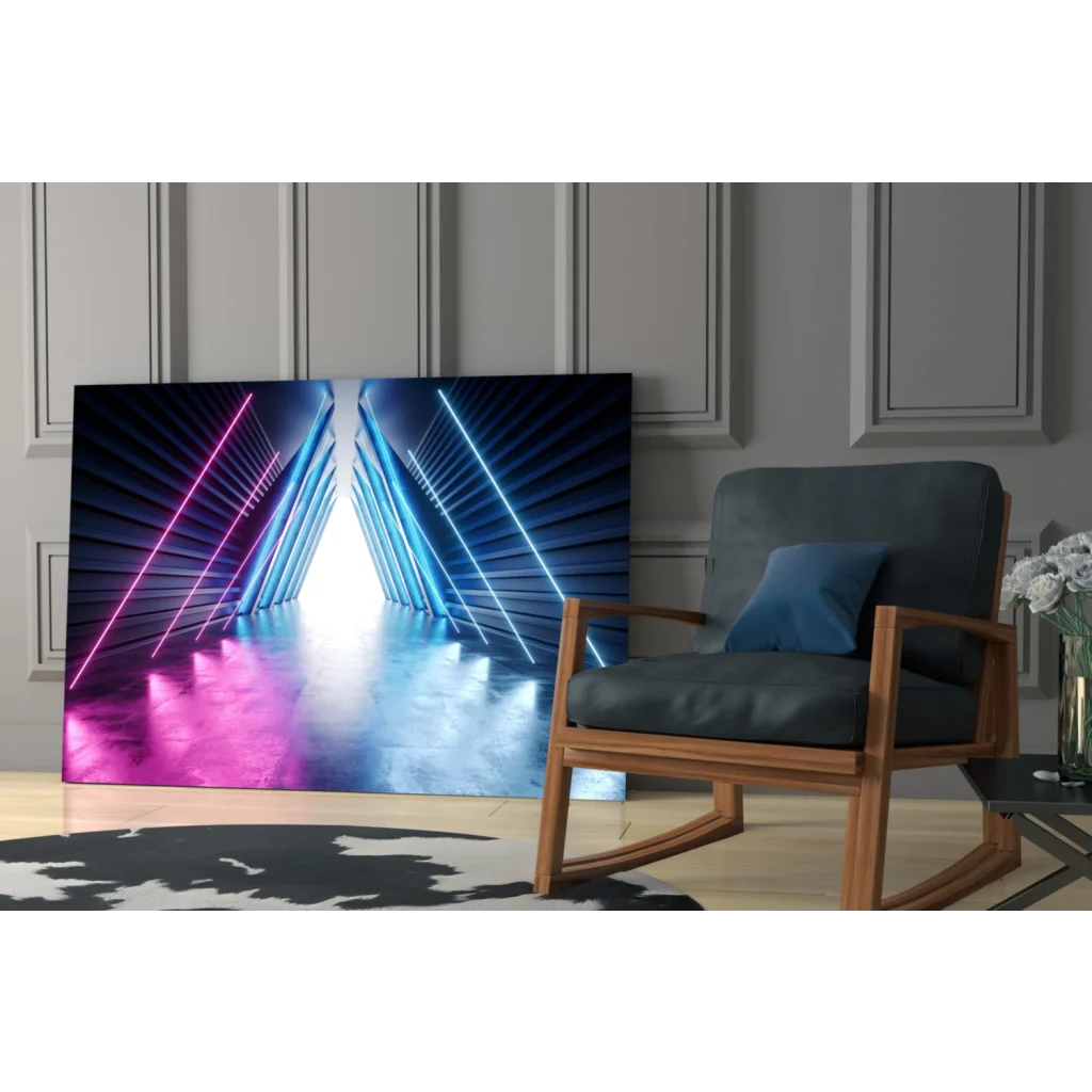 Vibrant neon pink blue geometric tunnel glass wall art