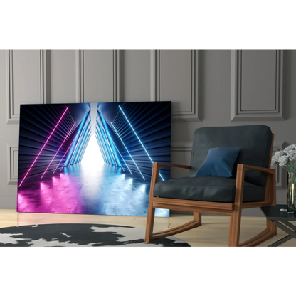 Vibrant neon pink blue geometric tunnel glass wall art