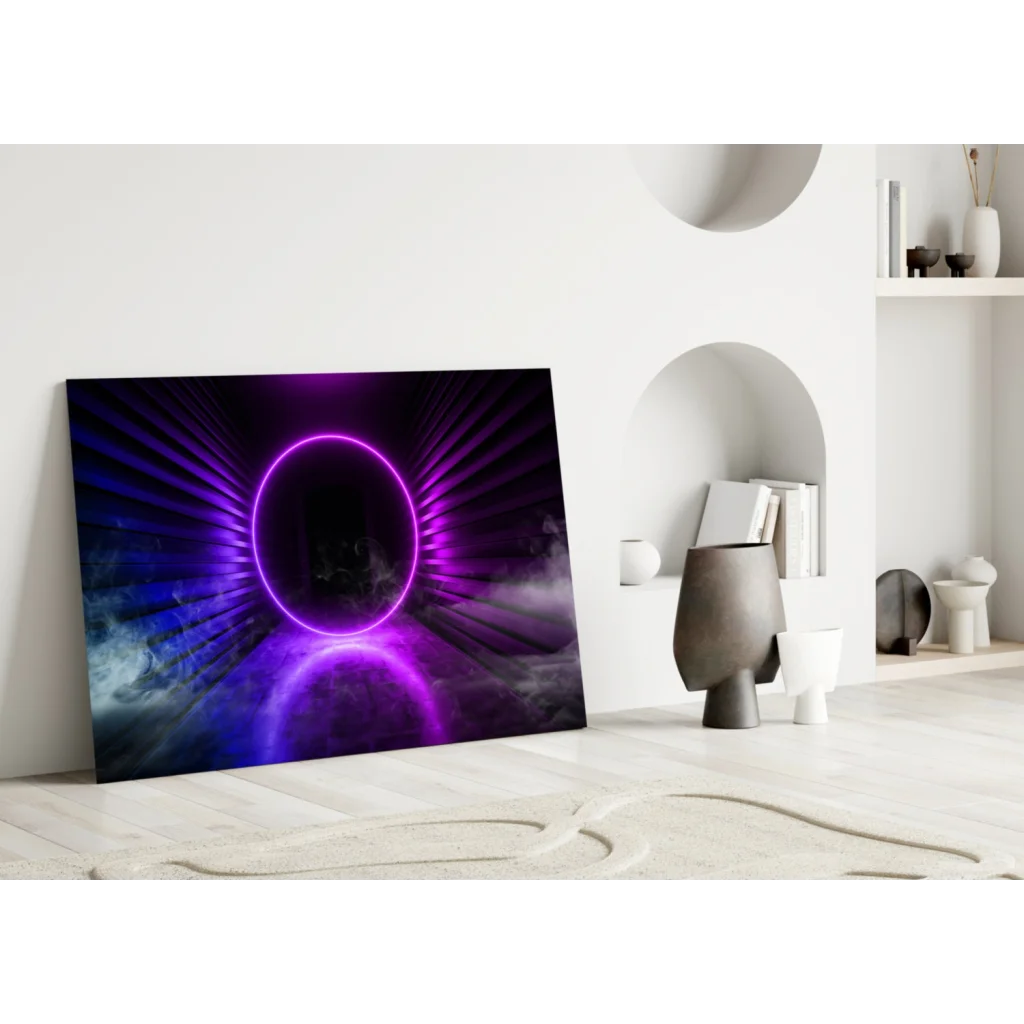 Purple neon ring glass wall art with cosmic blue black glow