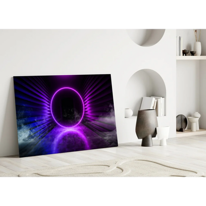 Purple neon ring glass wall art with cosmic blue black glow