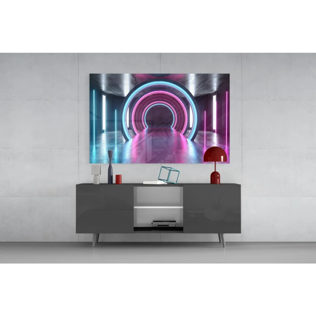 Neon tunnel glass wall art with pink and blue glowing rings