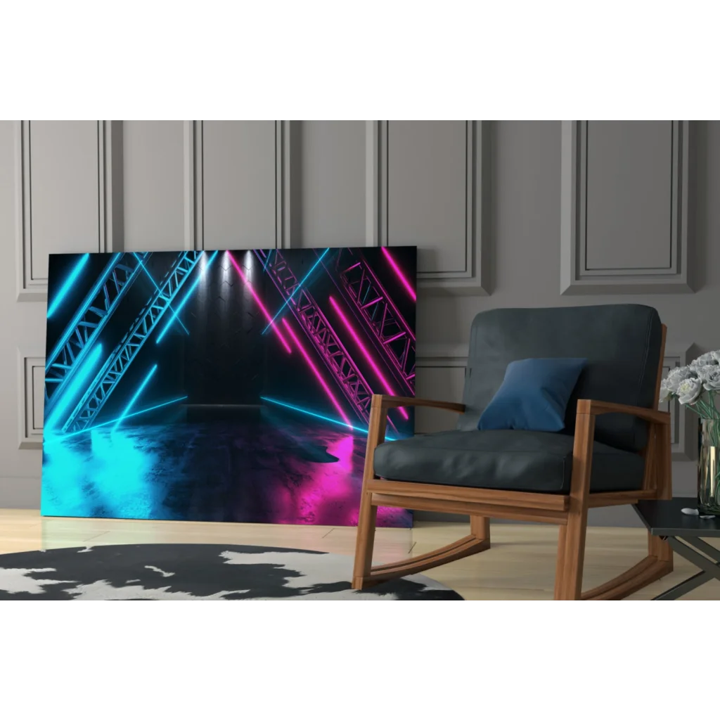 Vibrant neon blue pink laser beams on reflective floor in Neon Laser Stage glass wall art