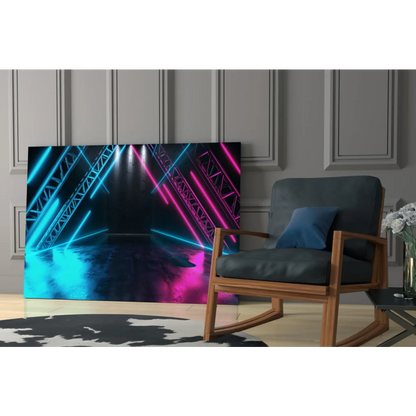 Vibrant neon blue pink laser beams on reflective floor in Neon Laser Stage glass wall art