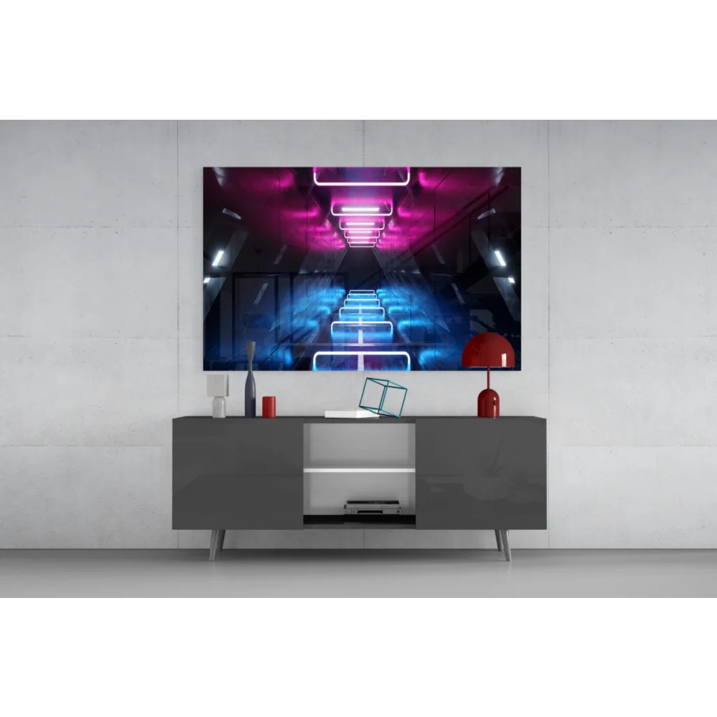 Vibrant neon tunnel glass wall art in pink and blue futuristic lights