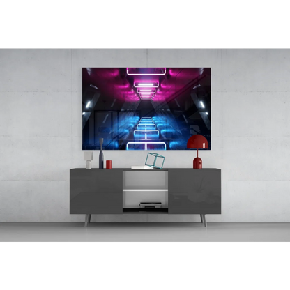Vibrant neon tunnel glass wall art in pink and blue futuristic lights