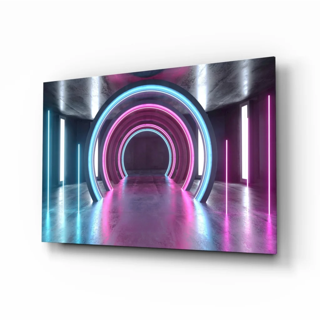 Vibrant neon tunnel glass wall art with pink cyan light rings