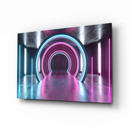 Vibrant neon tunnel glass wall art with pink cyan light rings
