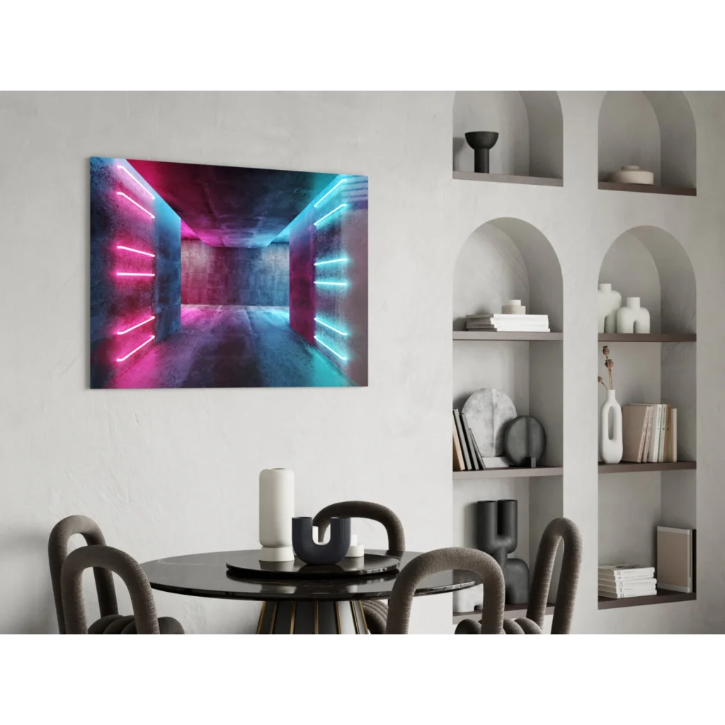 Vibrant neon tunnel glass wall art with pink cyan glow