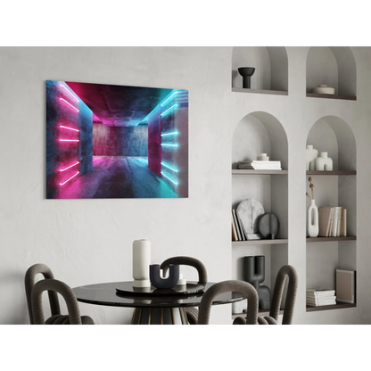 Vibrant neon tunnel glass wall art with pink cyan glow