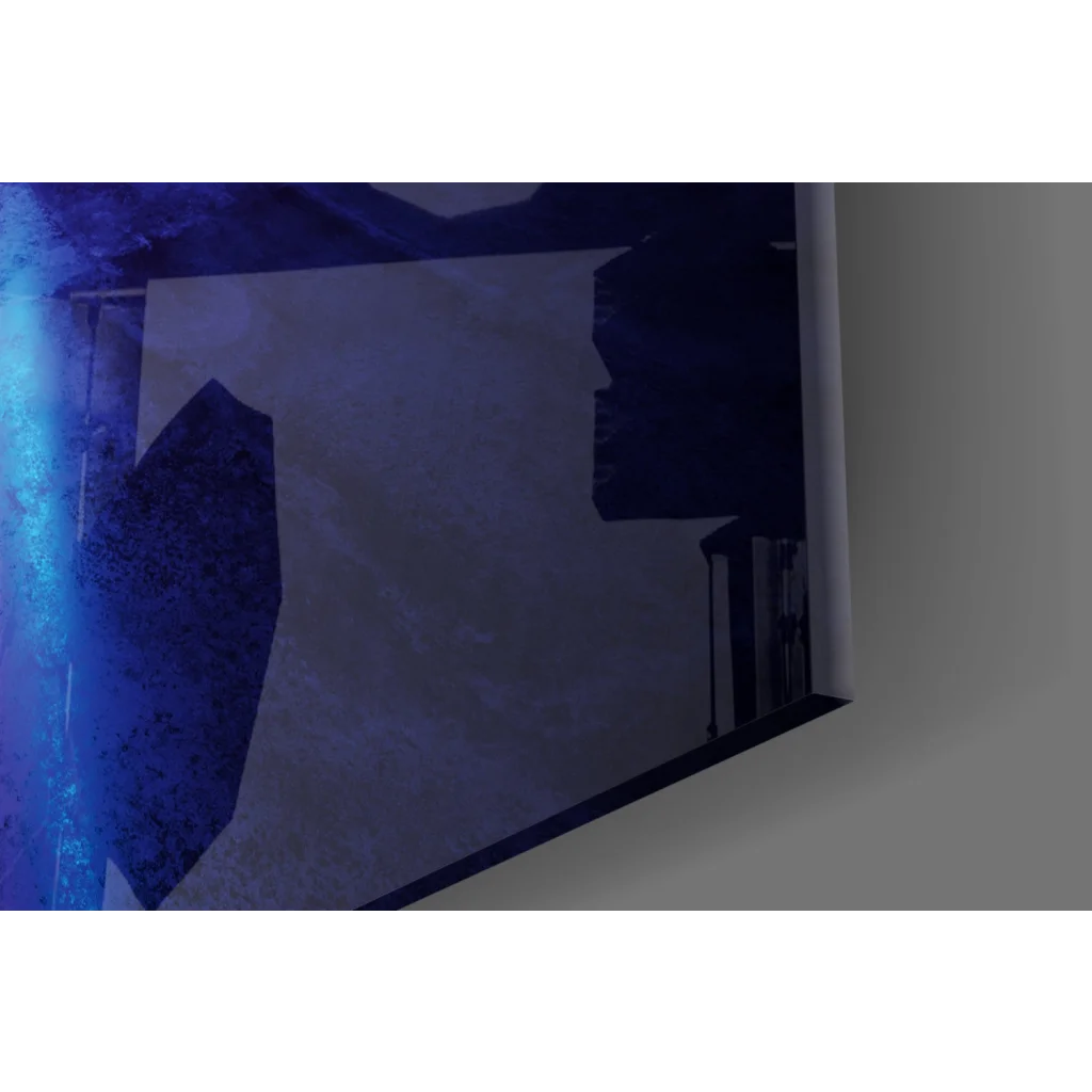 Dark blue abstract wall art print with cyan streak and textured layers