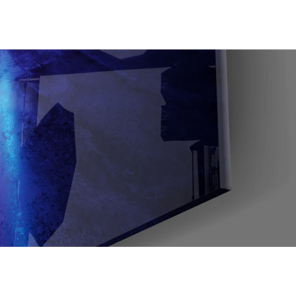 Dark blue abstract wall art print with cyan streak and textured layers
