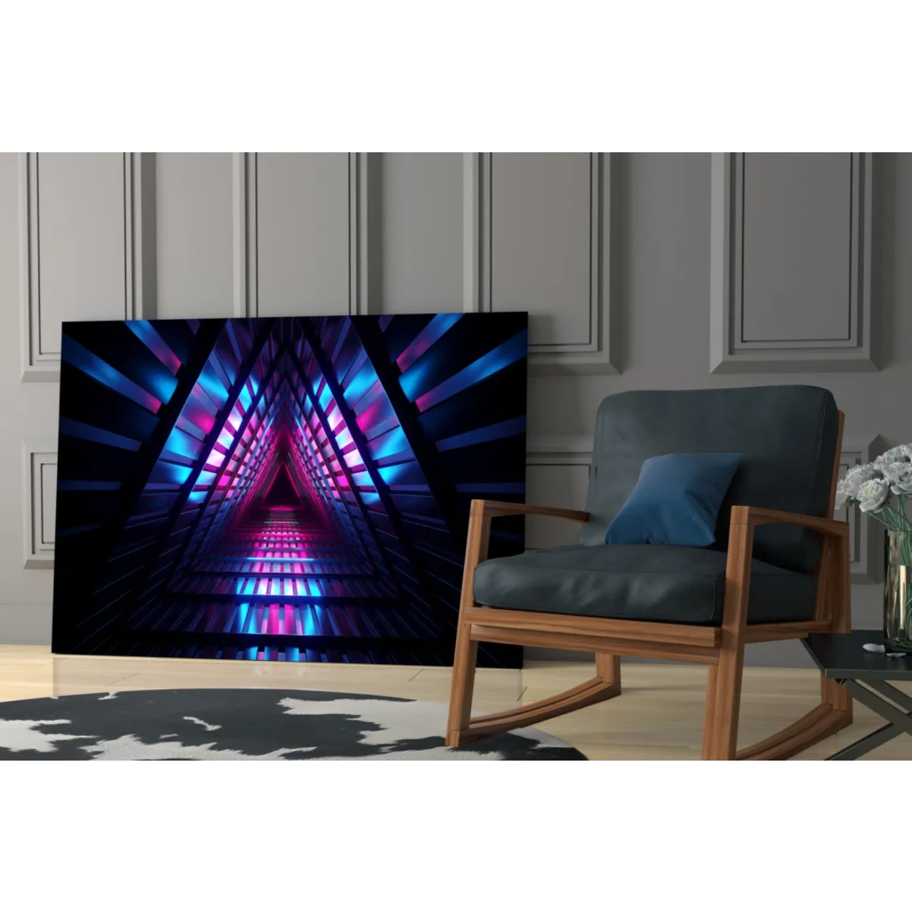 Vibrant neon blue purple geometric tunnel wall art canvas print