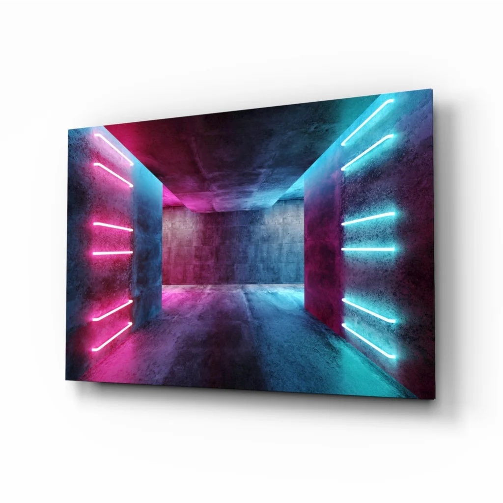 Vibrant neon tunnel glass wall art with pink cyan glow on concrete