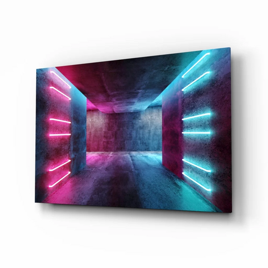Vibrant neon tunnel glass wall art with pink cyan glow on concrete