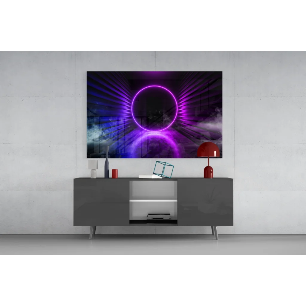 Vibrant purple neon ring glass wall art on sleek gray console table