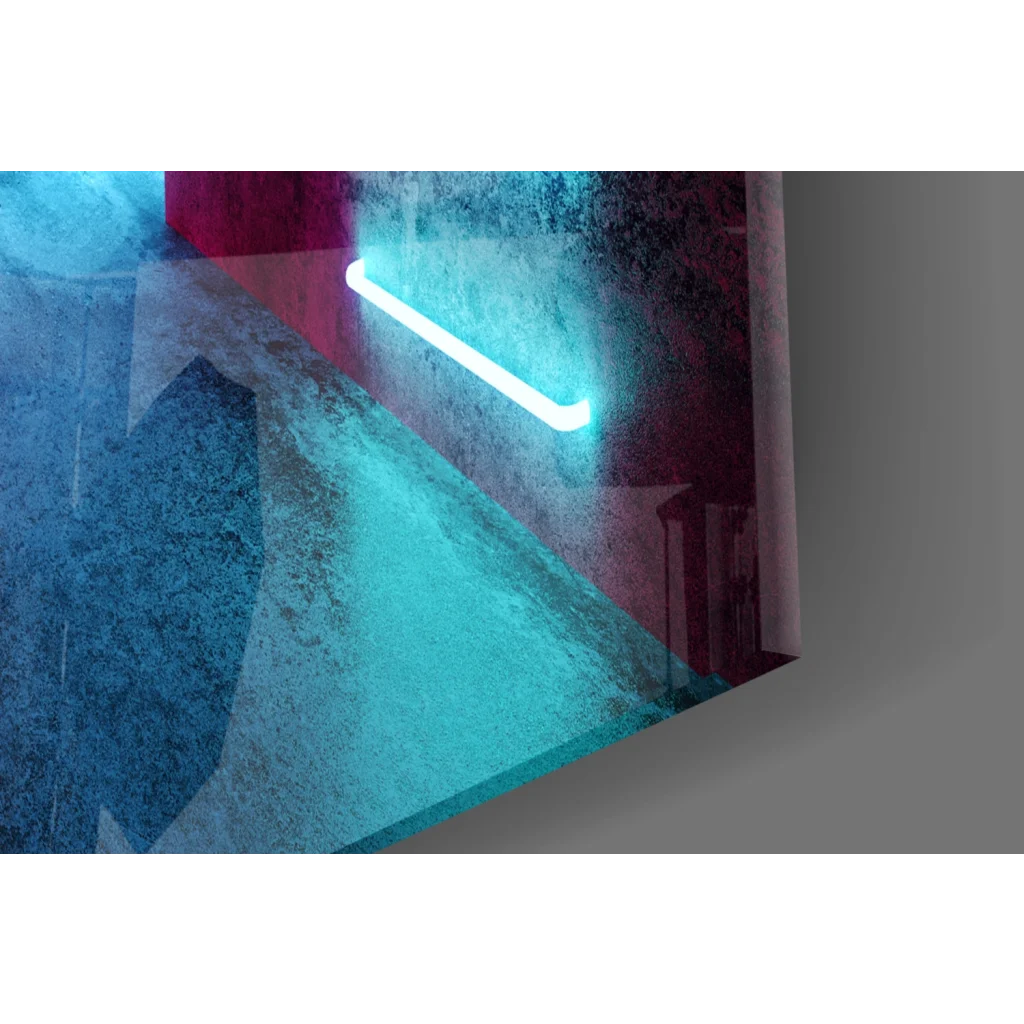 Glowing cyan neon glass wall art in pink and cyan on textured blue purple background