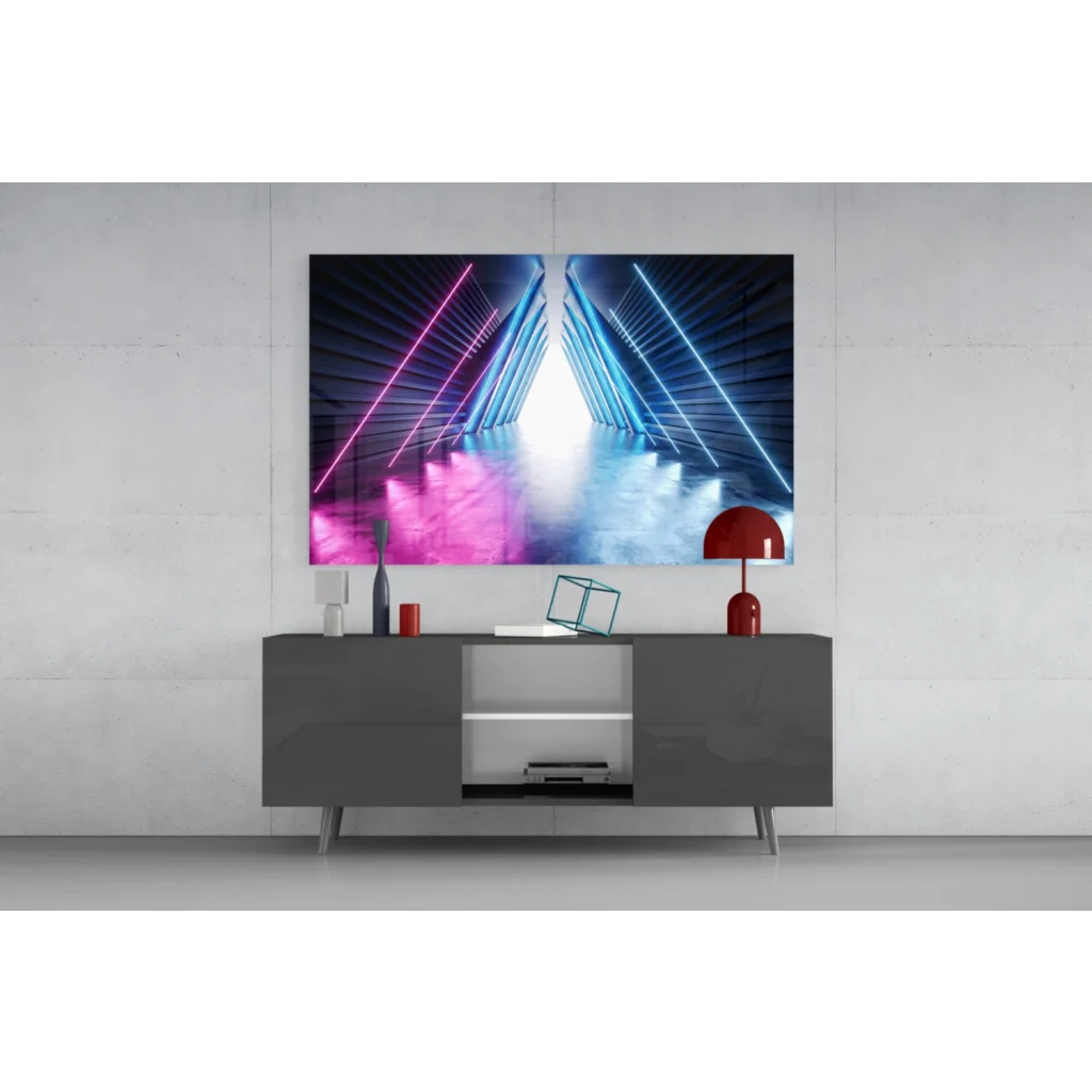 Vibrant neon pink blue geometric glass wall art above gray console