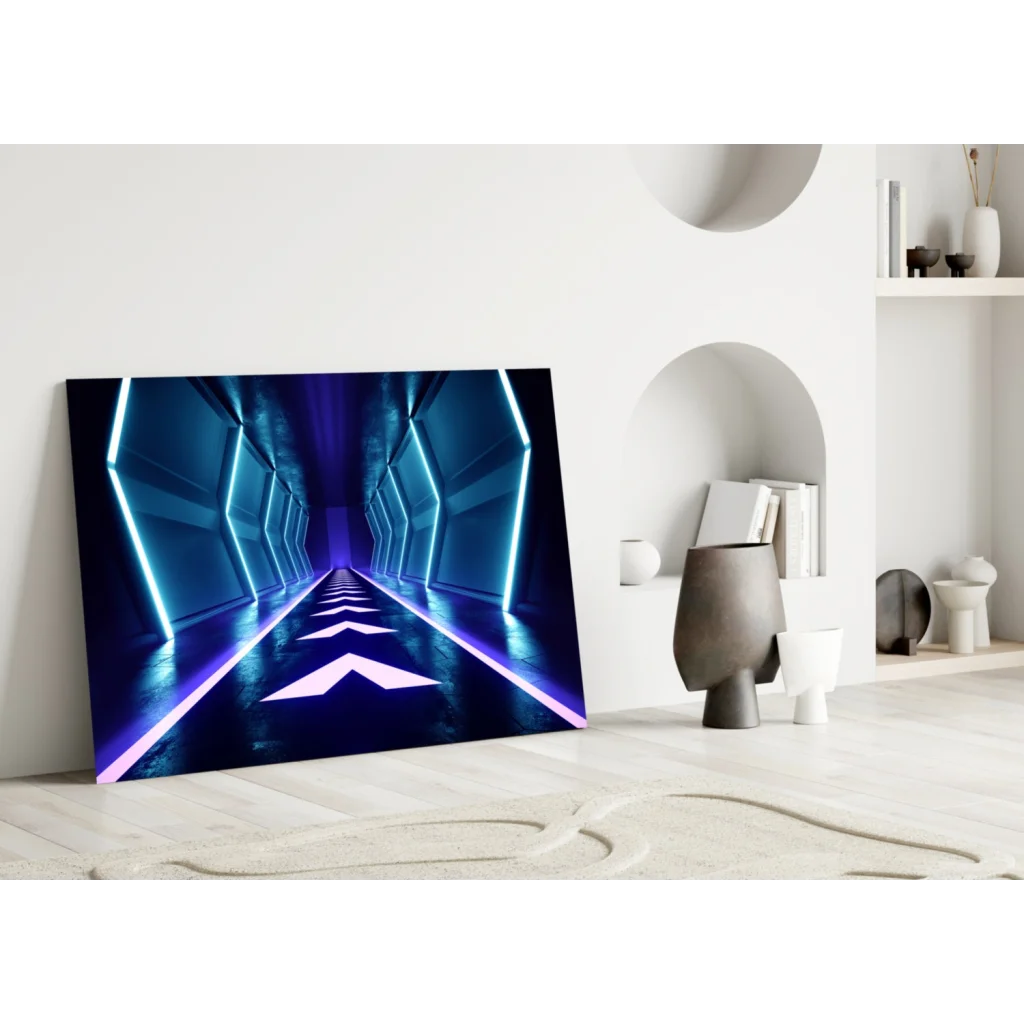 Futuristic neon tunnel glass wall art with blue purple lights