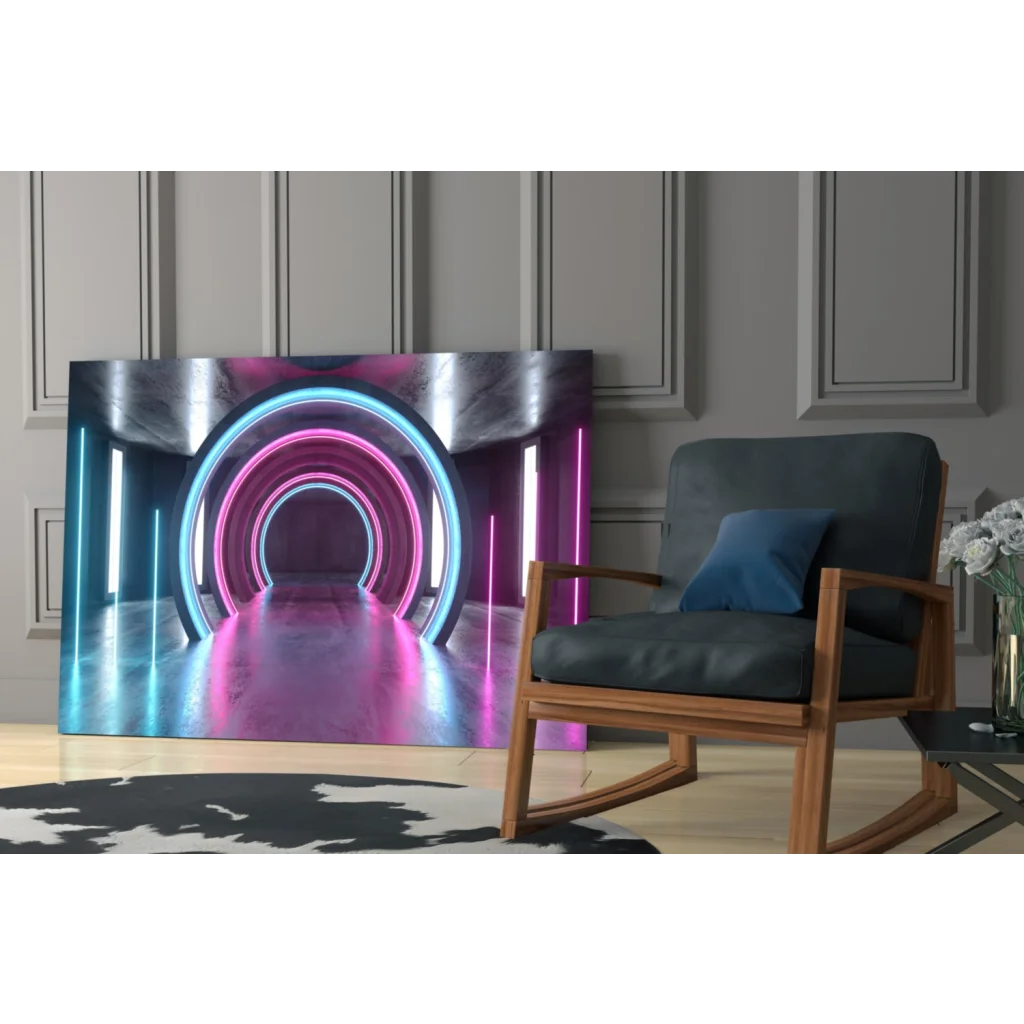 Vibrant neon pink and blue circular tunnel glass wall art with metallic silver accents