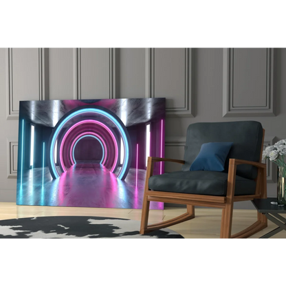 Vibrant neon pink and blue circular tunnel glass wall art with metallic silver accents