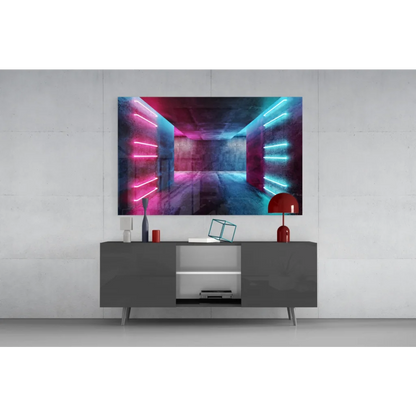 Vibrant neon tunnel glass wall art with pink and cyan glow