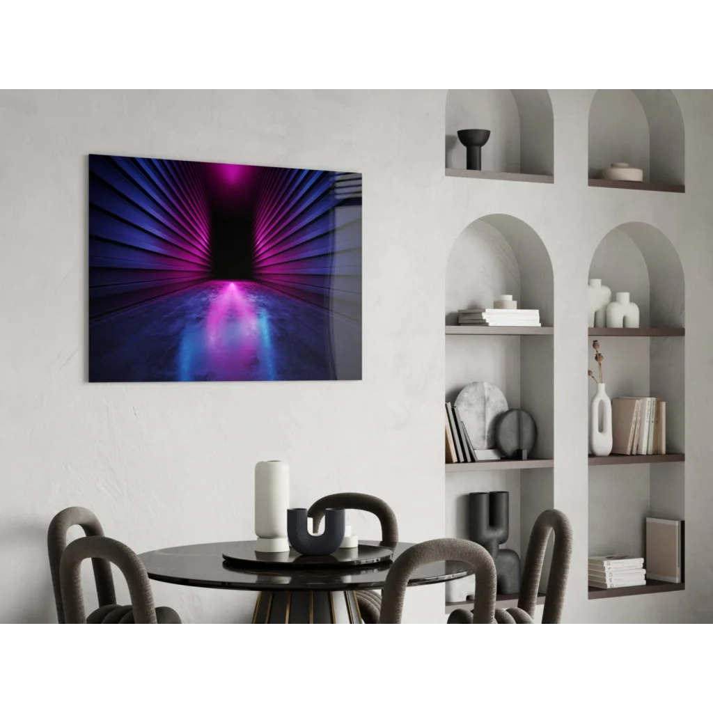 Vibrant purple blue neon tunnel glass wall art in modern frame