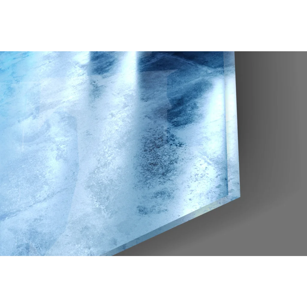 Translucent blue frosted glass wall art with icy texture and pink blue glow