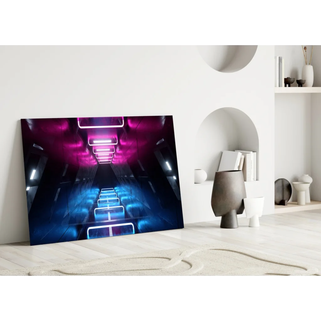 Vibrant neon tunnel glass wall art with pink and blue futuristic lights