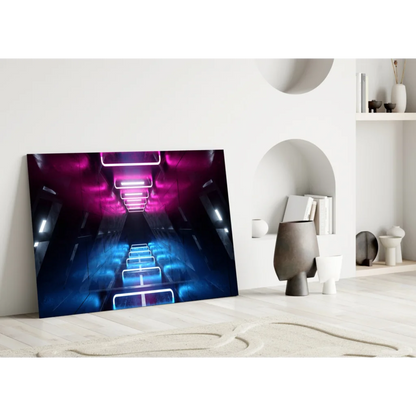 Vibrant neon tunnel glass wall art with pink and blue futuristic lights