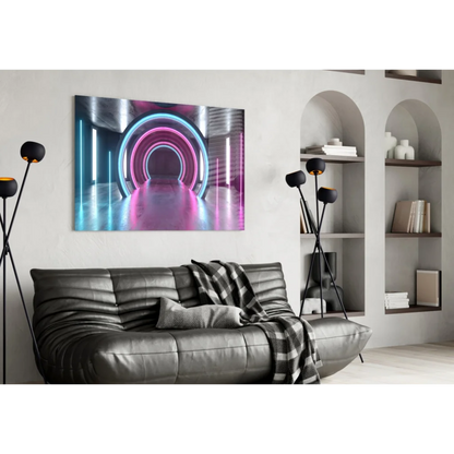Vibrant neon tunnel glass wall art with pink blue light rings