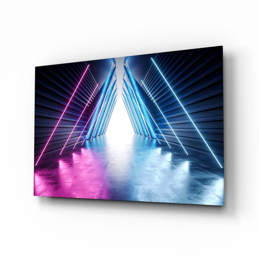 Futuristic neon corridor glass wall art with pink blue glow