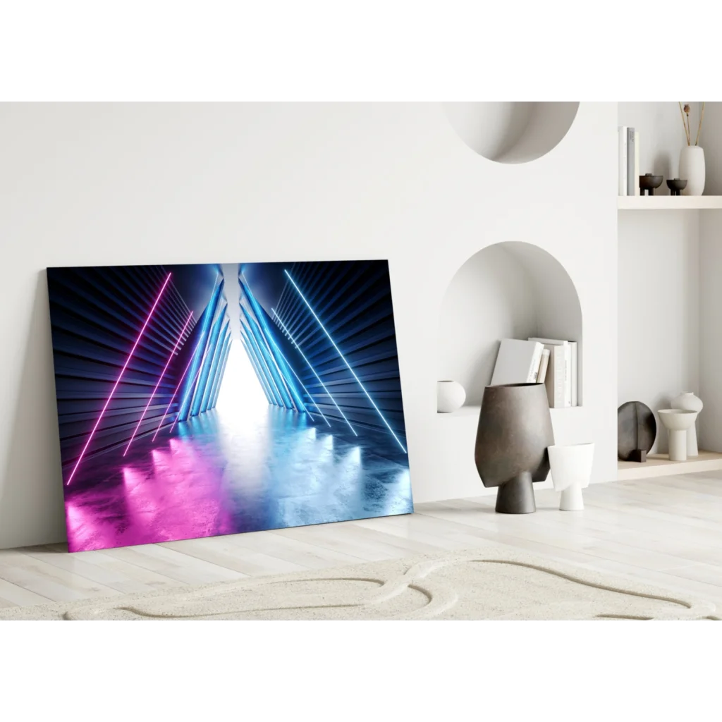 Vibrant neon corridor glass wall art with pink blue glow in white room