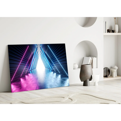 Vibrant neon corridor glass wall art with pink blue glow in white room