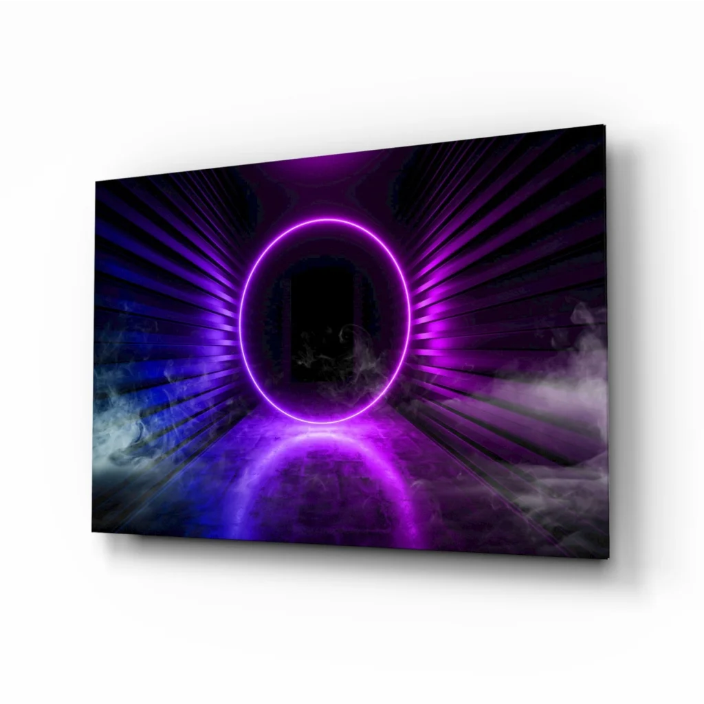 Purple neon ring glass wall art with cosmic glow and misty beams