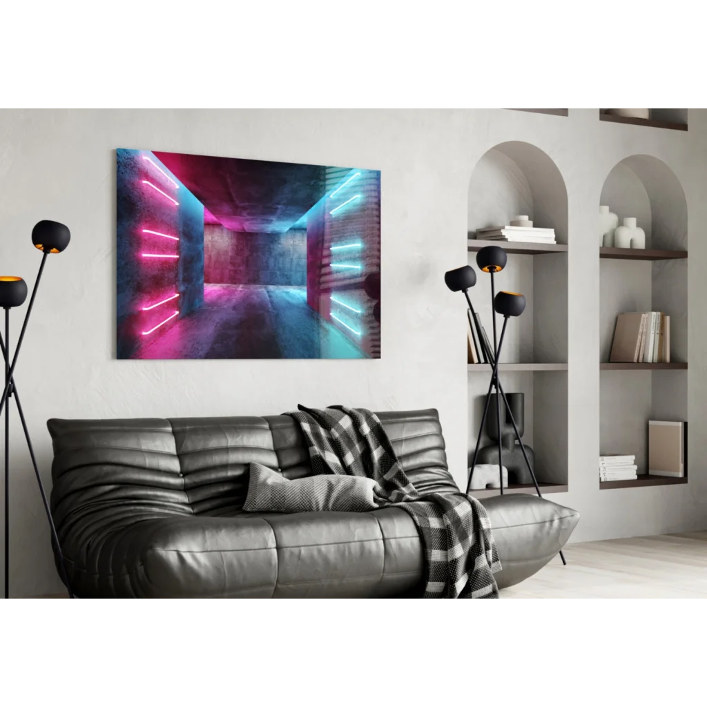 Neon pink and cyan glowing tunnel glass wall art
