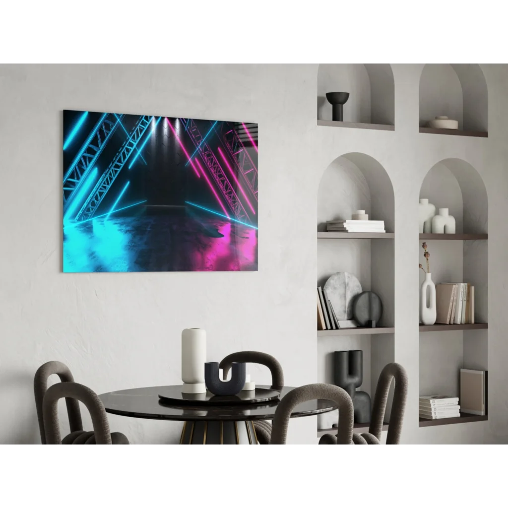 Vibrant neon blue and pink laser beams on dark geometric glass wall art