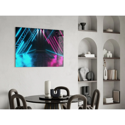 Vibrant neon blue and pink laser beams on dark geometric glass wall art