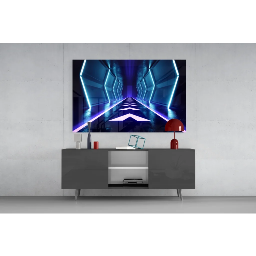 Neon Tunnel glass wall art with futuristic blue purple lights