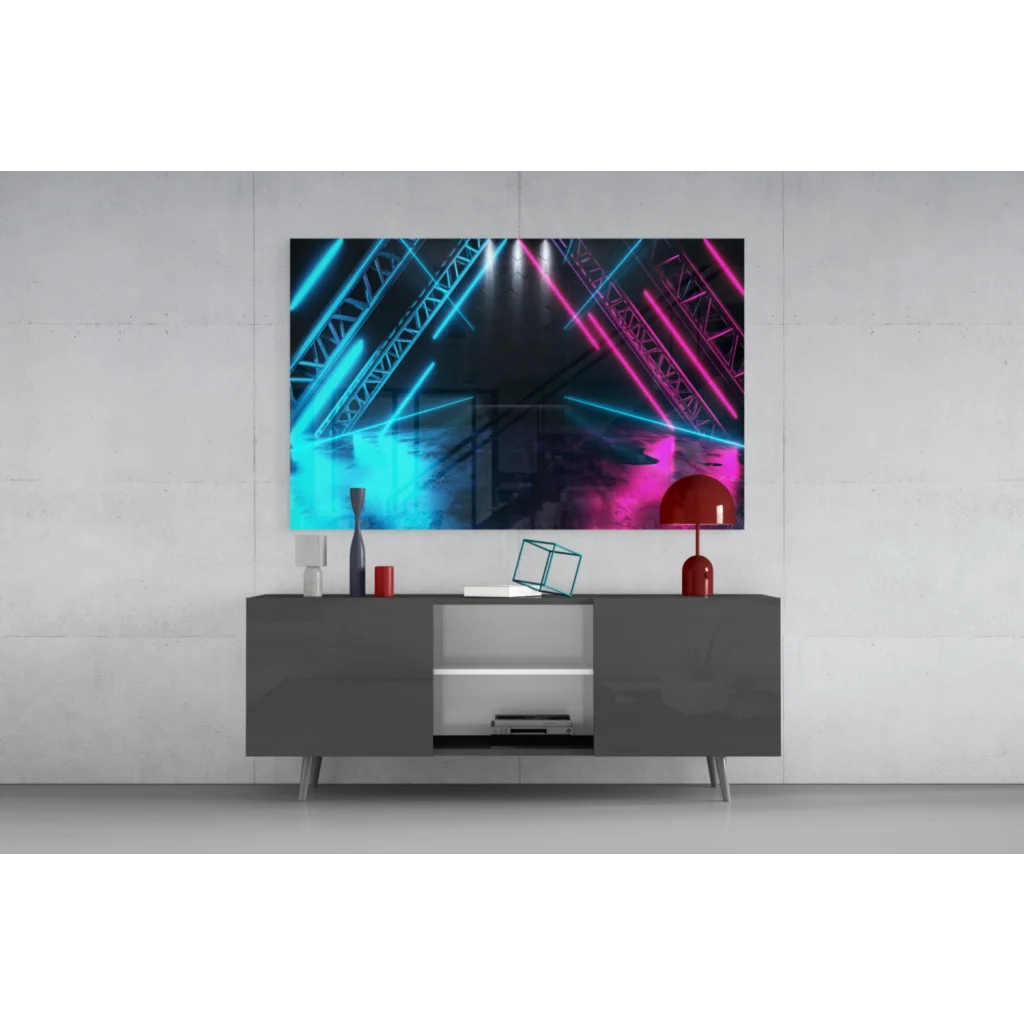 Vibrant neon laser stage glass wall art print with blue pink beams