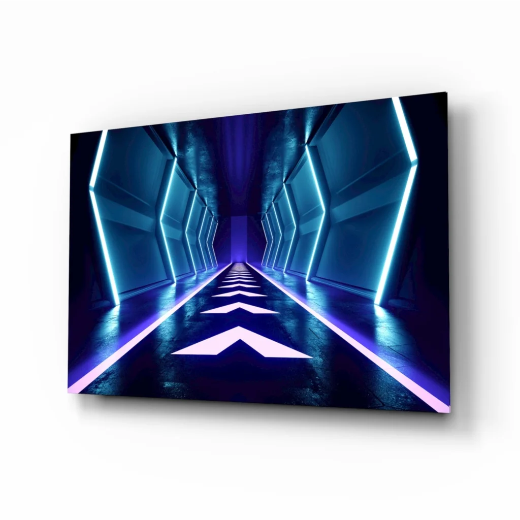 Futuristic neon tunnel glass wall art with blue purple lights